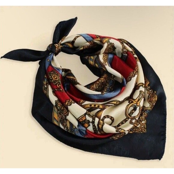 Vintage Chain Print Square Scarf Blue Red and Gold Elegant Satin Neckerchief - Picture 2 of 3